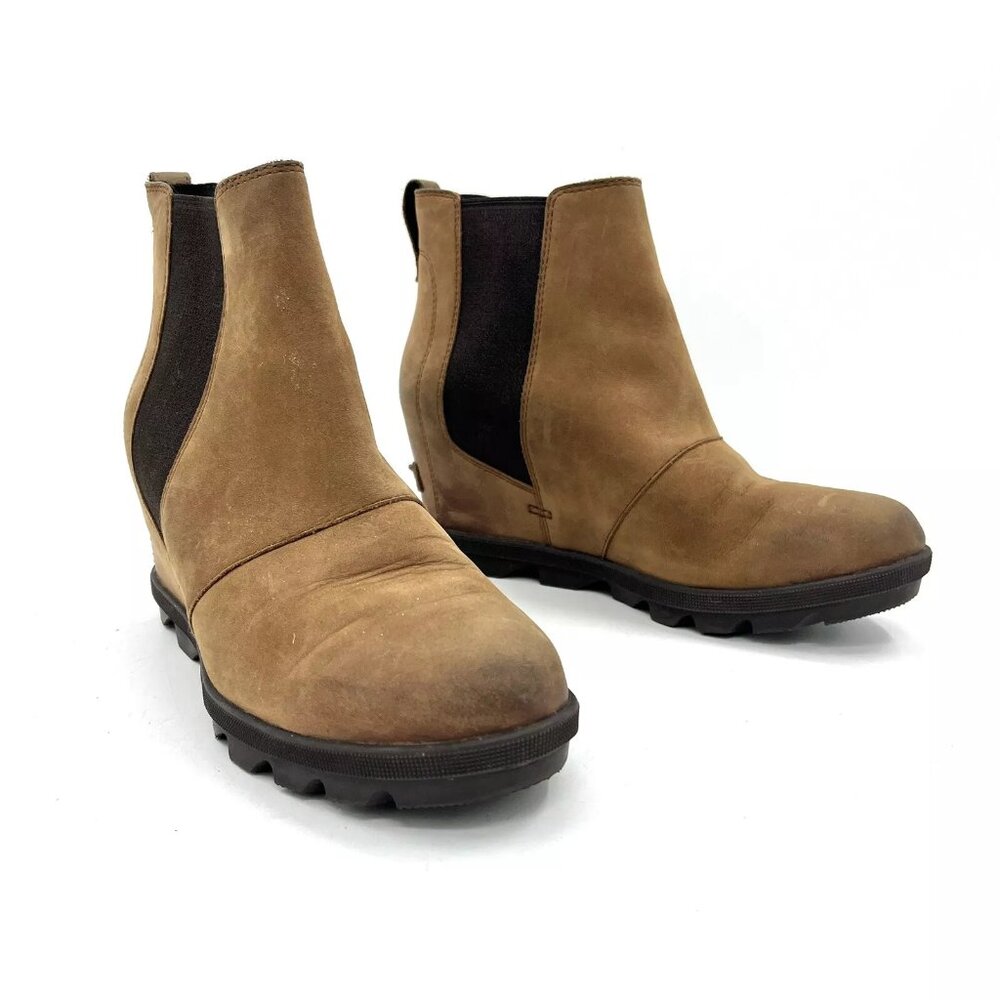 Sorel Joan of Arctic Chelsea Wedge Brown Leather Winter Boots Women's Size 7